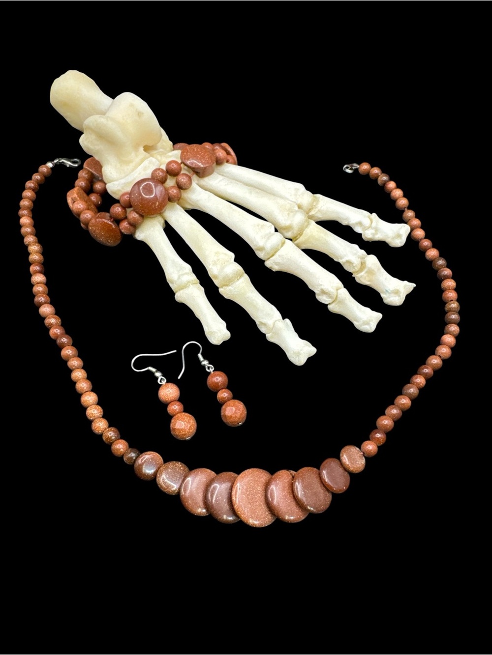Vintage Y2K Goldstone 18” Necklace Stretch Bracelet & Dangle Ball Earrings Set